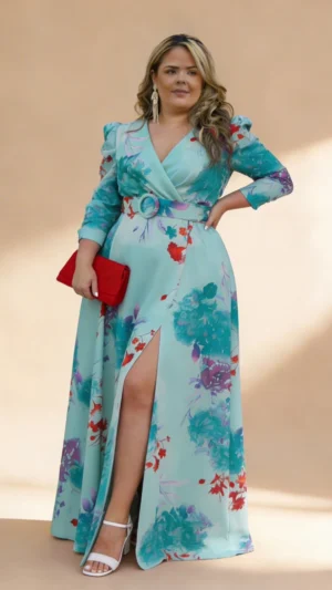 Vestido largo estampado en verdes con falda de vuelo
