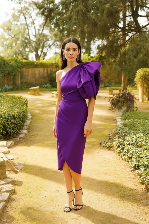 Vestido midi morado con volante tafetan