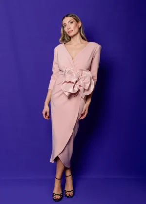 Vestido de fiesta midi con flor de tafetán nude