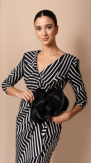 Vestido de fiesta midi con flor de tafetán negro y blanco