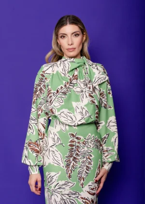 Vestido de fiesta midi estampado con lazada al cuello