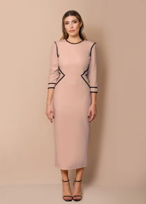 Vestido de fiesta midi recto con vivos negros nude