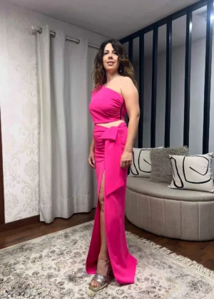 Vestido de fiesta largo de dos piezas rosa chicle