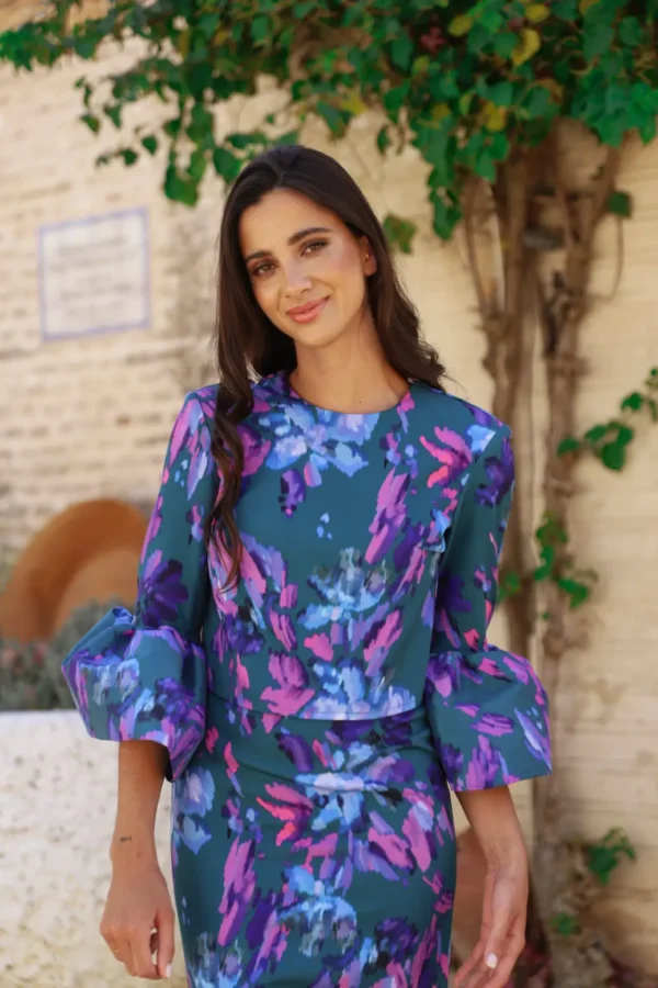 Vestido midi estampado efecto dos piezas