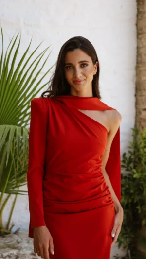 Vestido midi asimétrico color teja