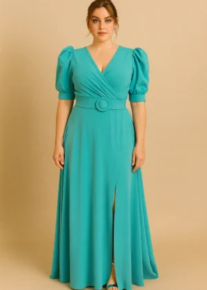 Vestido de fiesta largo con manga farol turquesa