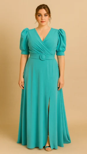 Vestido de fiesta largo con manga farol turquesa