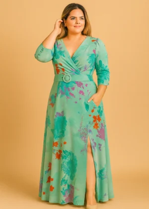 Vestido largo estampado en verdes con falda de vuelo