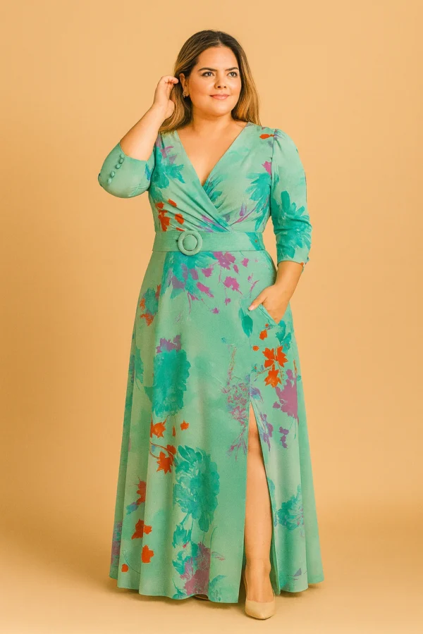 Vestido largo estampado en verdes con falda de vuelo