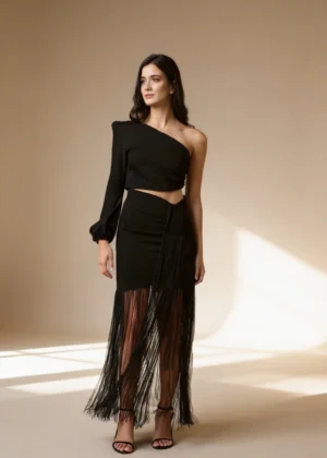 Vestido midi negro con flecos largos