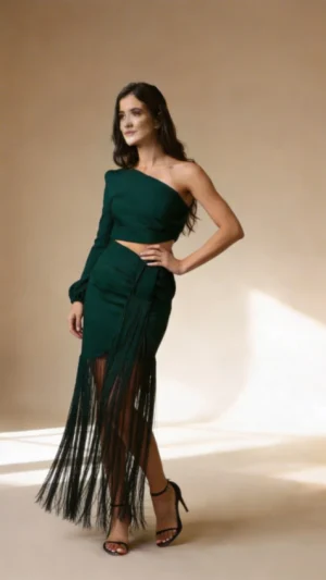 Vestido midi verde oscuro con flecos largos