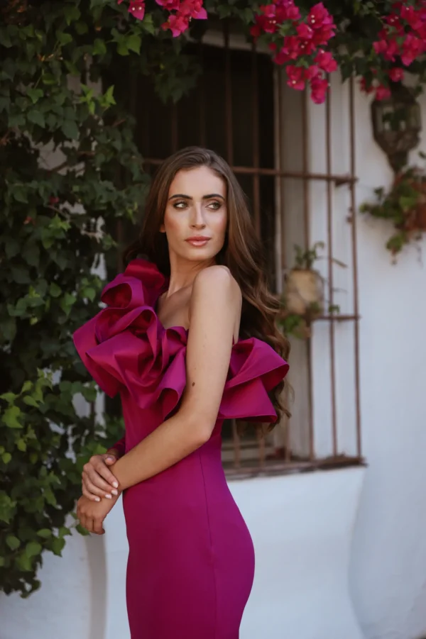 Vestido midi buganvilla asimétrico con volantes tafetán