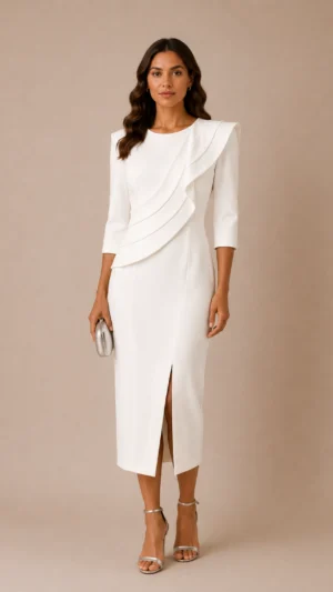 Vestido midi blanco con volante en el cuerpo