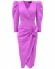 Vestido midi de crepe orquídea con drapeado y mangas abullonadas Vestido midi de crepe orquídea con drapeado y mangas abullonadas