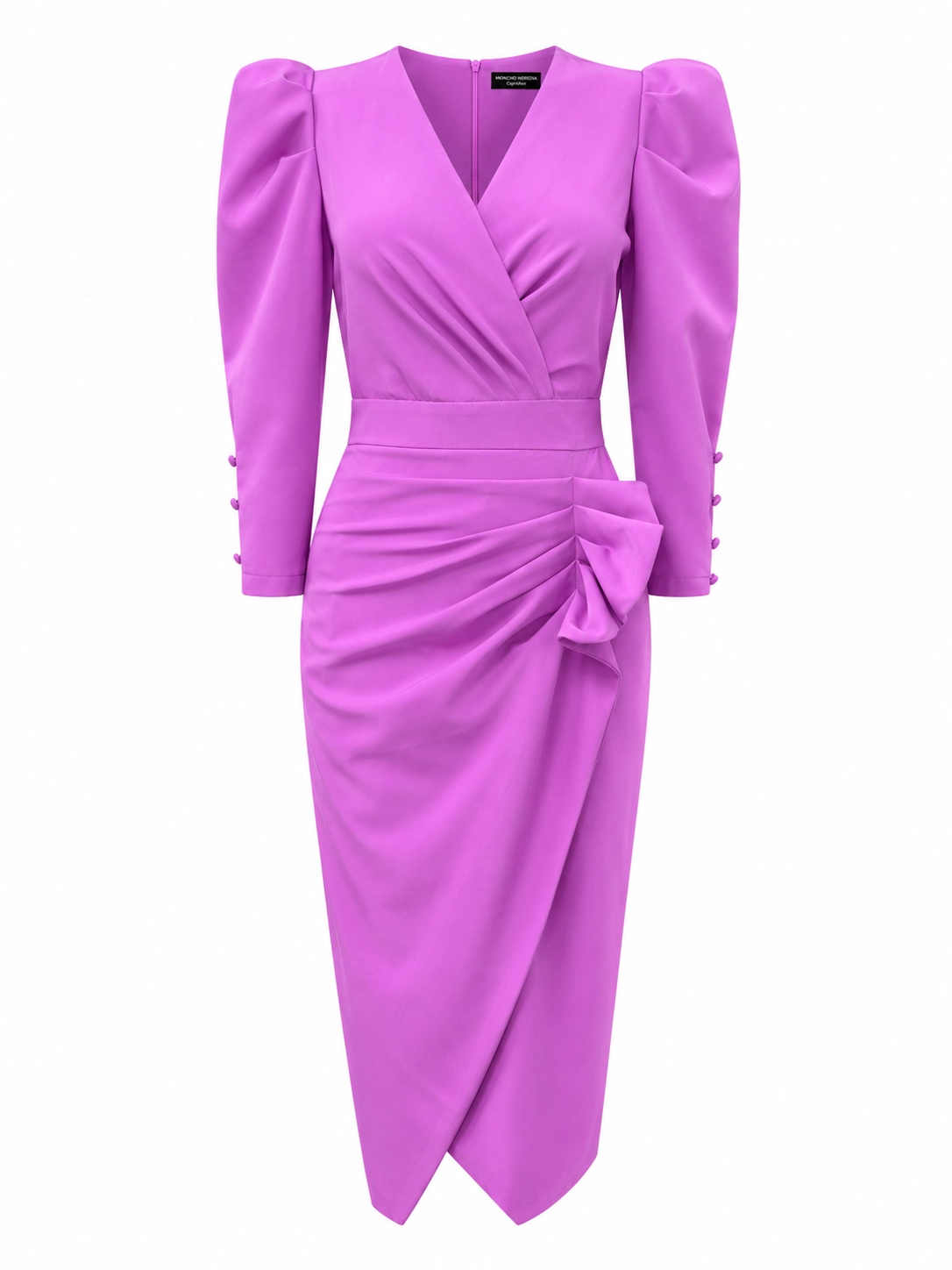 ROCIO-orquidea (2) copia Vestido midi de crepe orquídea con drapeado y mangas abullonadas