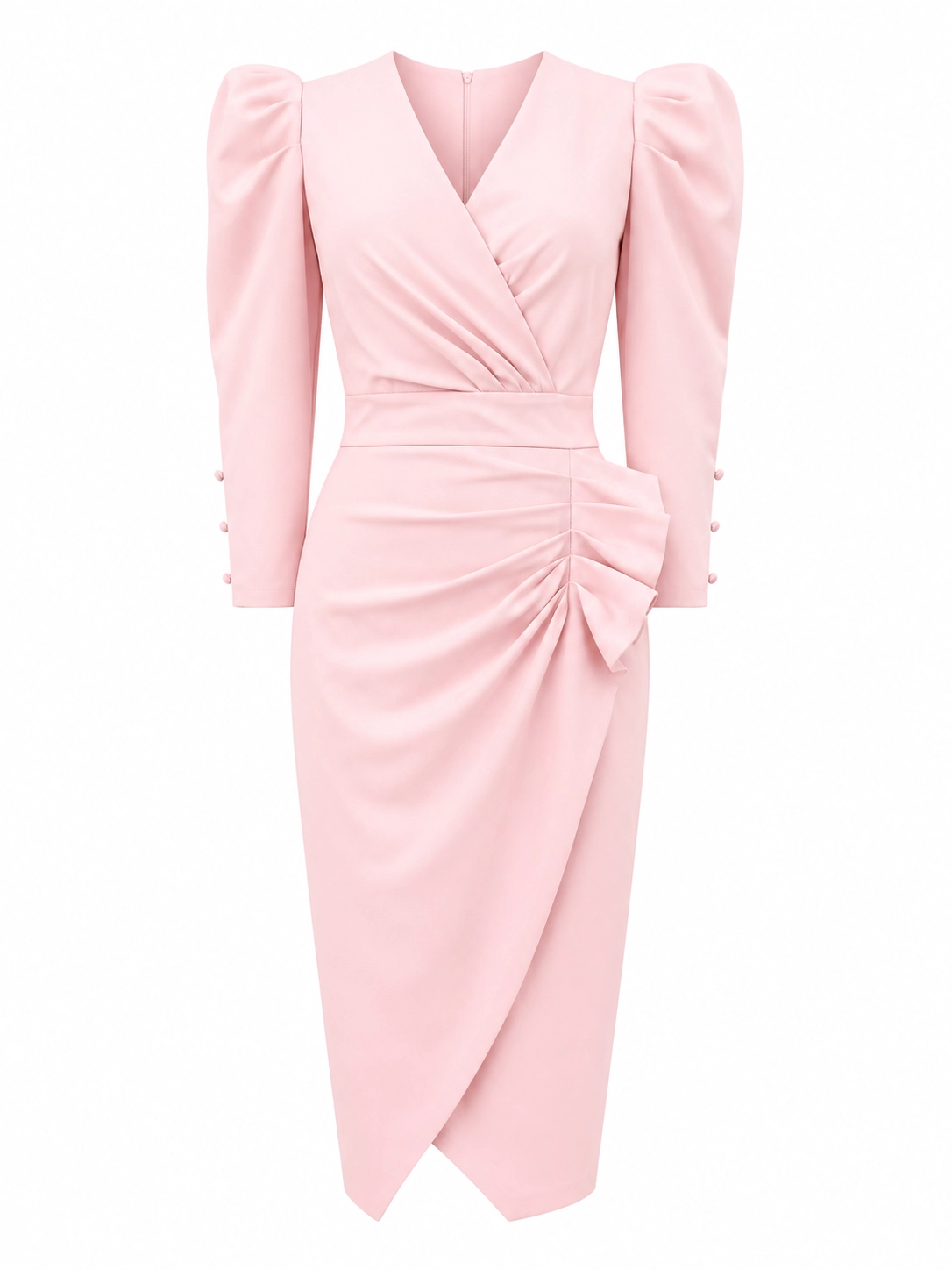 ROCIO-rosa (2) copia Vestido midi rosa palo con escote cruzado y drapeado lateral