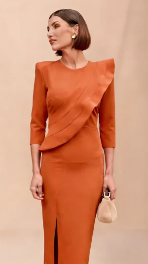 Ylma modas vestidos de fiesta, novia y comunión Vestido midi teja con volante en el cuerpo