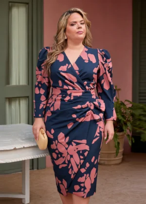 Ylma modas vestidos de fiesta, novia y comunión Vestido midi estampado azul marino y coral con drapeado lateral