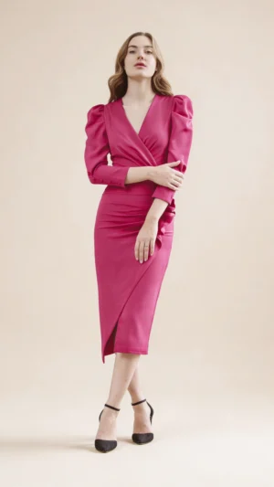 Ylma modas vestidos de fiesta, novia y comunión Vestido midi fresa con escote cruzado y drapeado lateral