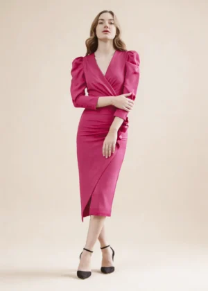 Ylma modas vestidos de fiesta, novia y comunión Vestido midi fresa con escote cruzado y drapeado lateral