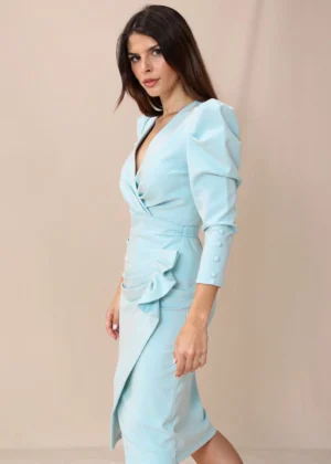 Ylma modas vestidos de fiesta, novia y comunión Vestido midi verde agua con escote cruzado y drapeado lateral