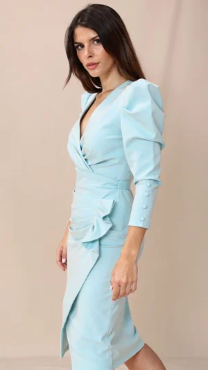 Ylma modas vestidos de fiesta, novia y comunión Vestido midi verde agua con escote cruzado y drapeado lateral