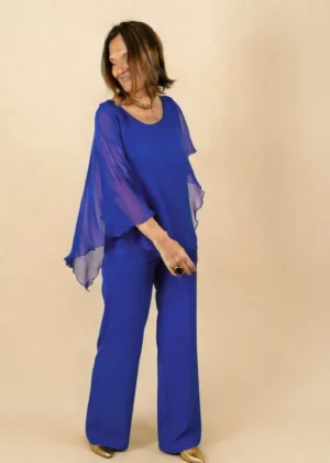 Ylma modas vestidos de fiesta, novia y comunión Conjunto de pantalón azul con blusa de gasa