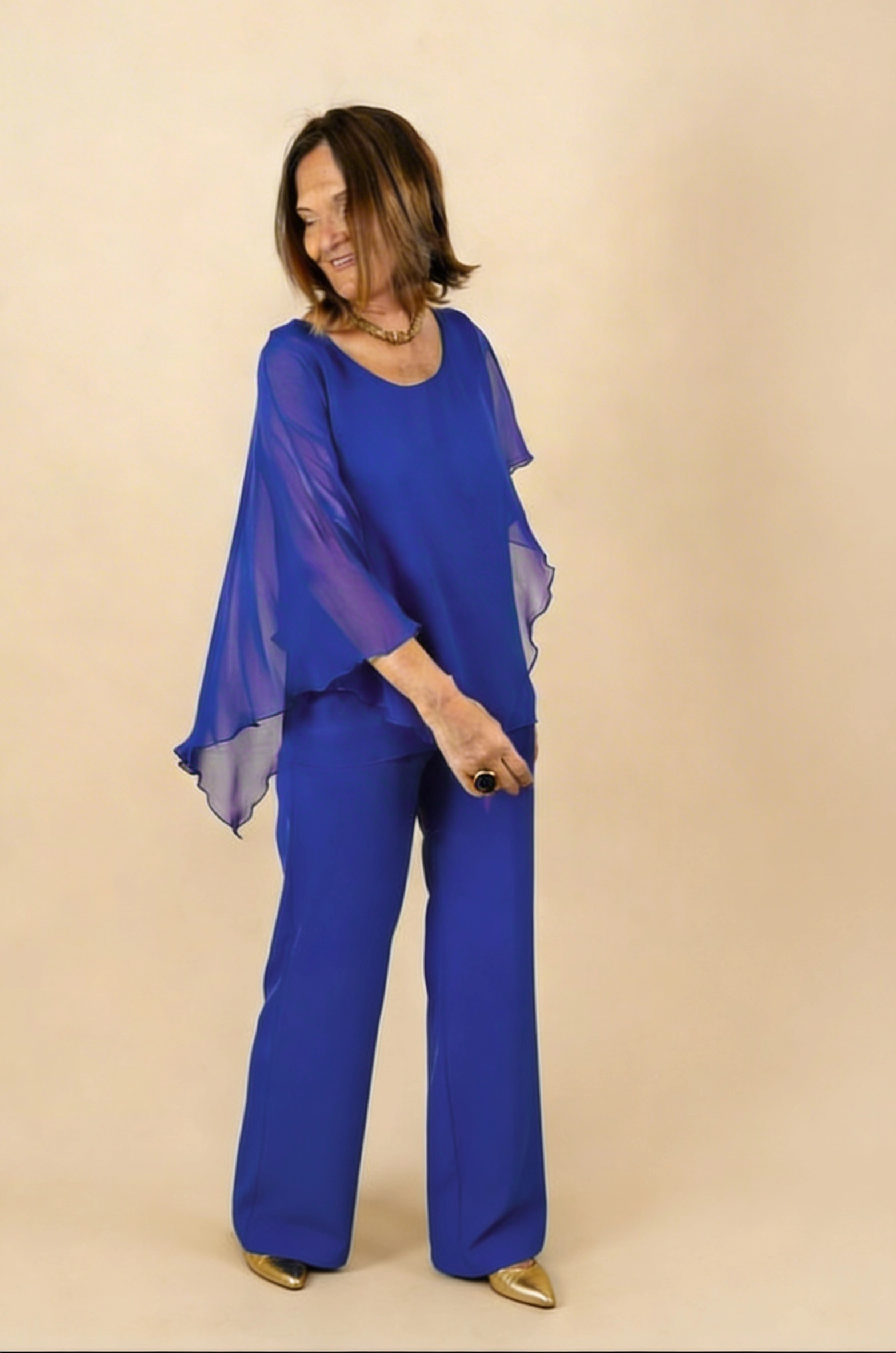 25114w Conjunto de pantalón azul con blusa de gasa