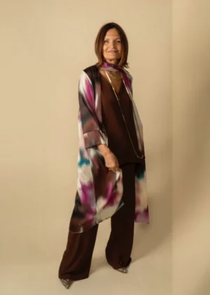 Ylma modas vestidos de fiesta, novia y comunión Conjunto de pantalón marrón con kaftan estampado