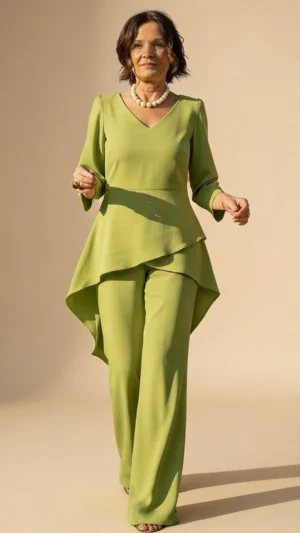Conjunto verde con sobrecapa asimétrica y pantalón fluido
