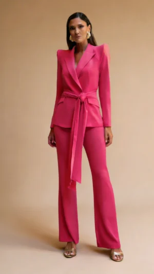 Conjunto color fresa con chaqueta cruzada y lazada