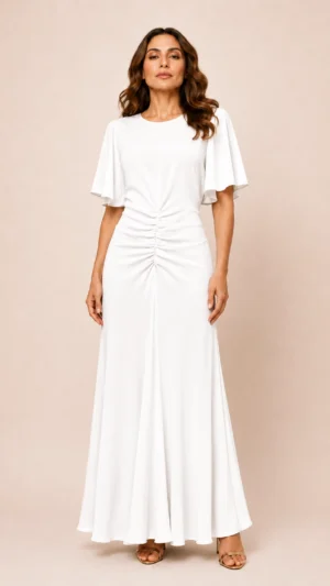 Vestido midi blanco de crepe ligero para novia civil