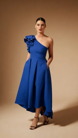 Vestido midi asimétrico con tablas azul tinta