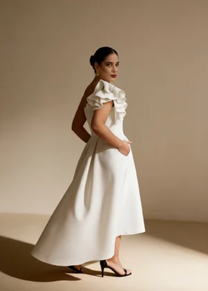 Vestido midi asimétrico con tablas blanco