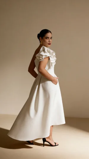 Vestido midi asimétrico con tablas blanco