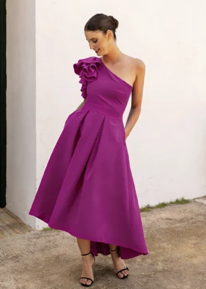 Vestido midi asimétrico con tablas buganvilla