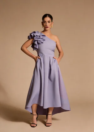 Vestido midi asimétrico con tablas lavanda