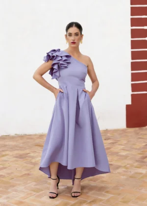 Vestido midi asimétrico con tablas lavanda