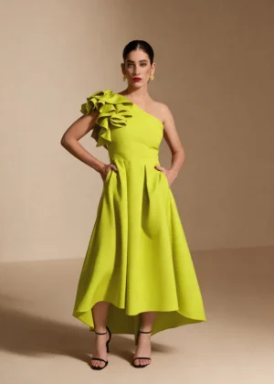 Vestido midi asimétrico con tablas lima