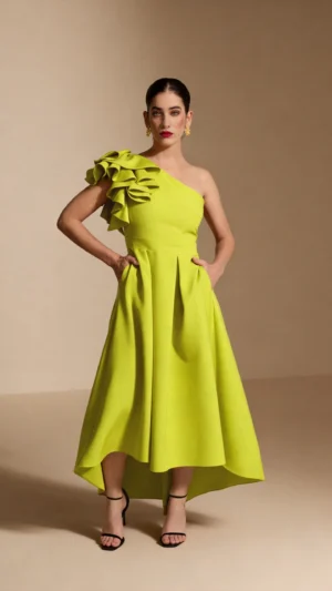 Vestido midi asimétrico con tablas lima