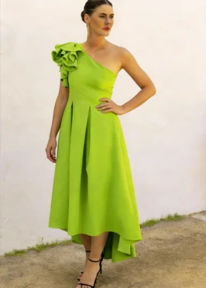 Vestido midi asimétrico con tablas lima