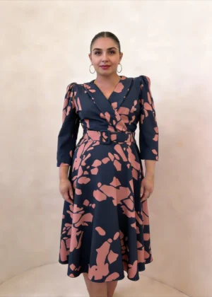 Ylma modas vestidos de fiesta, novia y comunión Vestido midi estampado azul marino y rosa