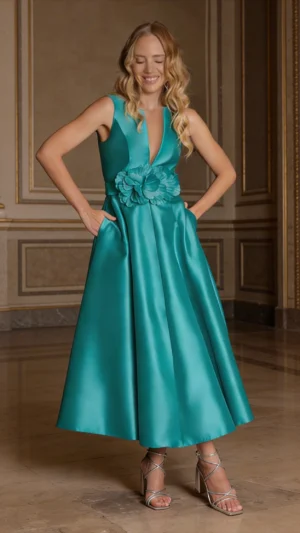 Vestido midi de tatetán con falda de vuelo