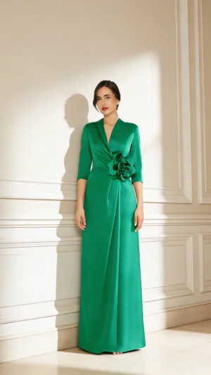 Vestido largo verde de raso con flor en cintura