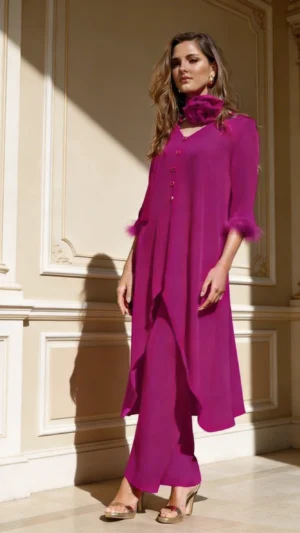 Conjunto de pantalón fucsia con plumas y detalle floral