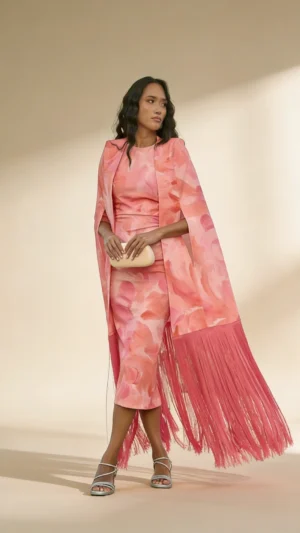 Vestido midi estampado con capa de flecos en crepe