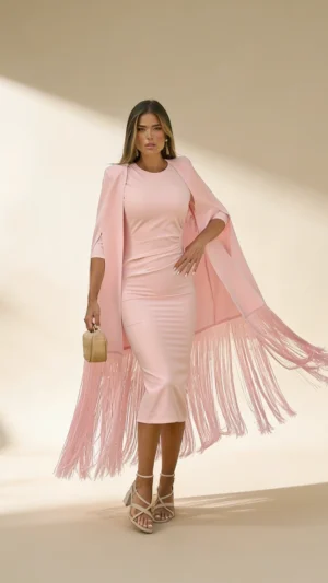 Vestido midi rosa con capa de flecos en crepe