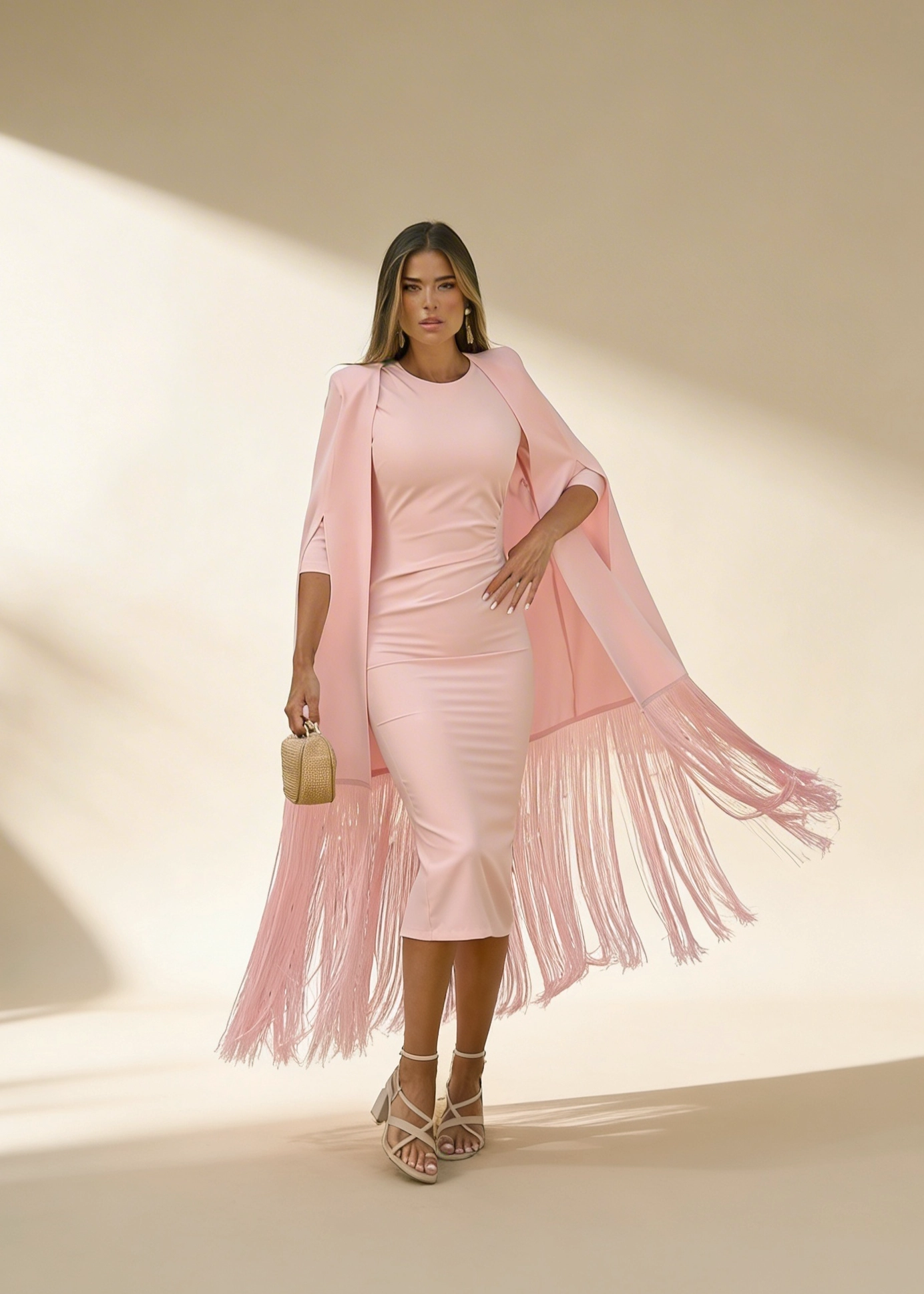 N102_ROSA copia Vestido midi rosa con capa de flecos en crepe