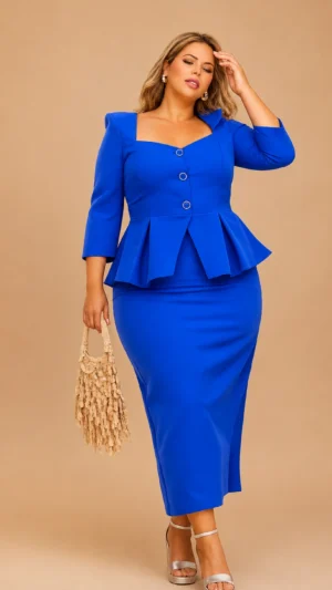 Vestido midi azulón con peplum estructurado y escote corazón