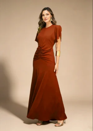 Ylma modas vestidos de fiesta, novia y comunión Vestido tobillero drapeado naranja teja